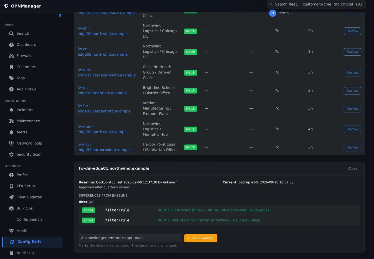 A configuration diff in dark theme showing two firewall rules added since the approved baseline, each labelled with its rule description, interface and type rather than a line number.