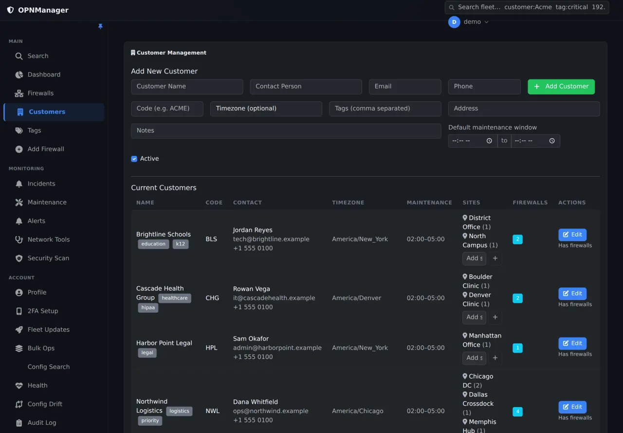 The customer and site model in dark theme, with each customer's sites and the firewalls under them.