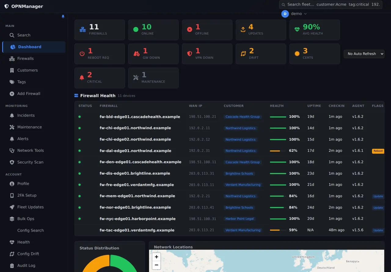 The OPNMGR interface: the fleet dashboard, with roll-up tiles for offline devices, pending updates, gateways down and configuration drift above a per-firewall health table