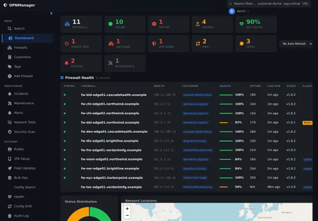 The OPNMGR fleet dashboard in dark theme, with roll-up tiles for offline devices, pending updates, gateways down and configuration drift above a per-firewall health table.