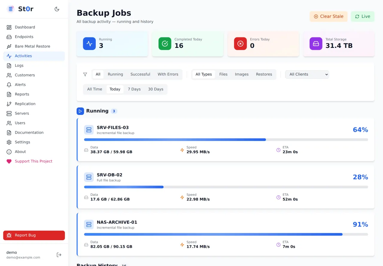 Running jobs in light theme with progress bars, data transferred, throughput and estimated time remaining.
