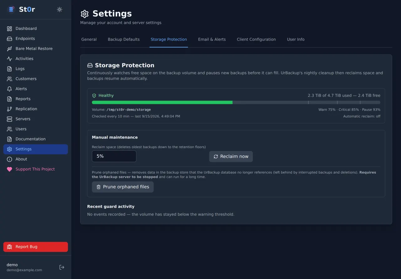 Storage protection in dark theme: a usage bar against warning, critical and pause thresholds, with manual reclaim actions.