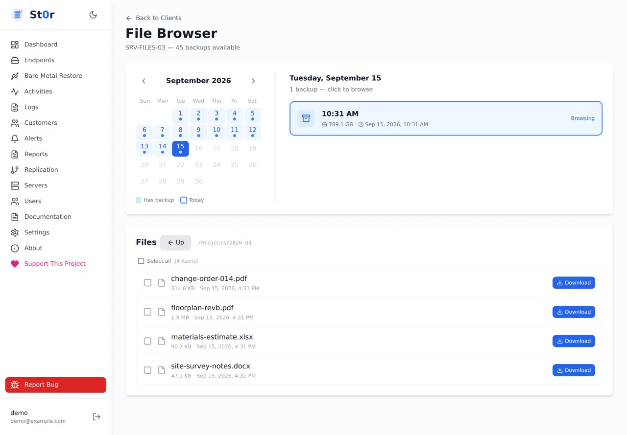 File recovery in light theme: a calendar with backup days highlighted, a selected backup open, and the files inside a folder with sizes and download buttons.