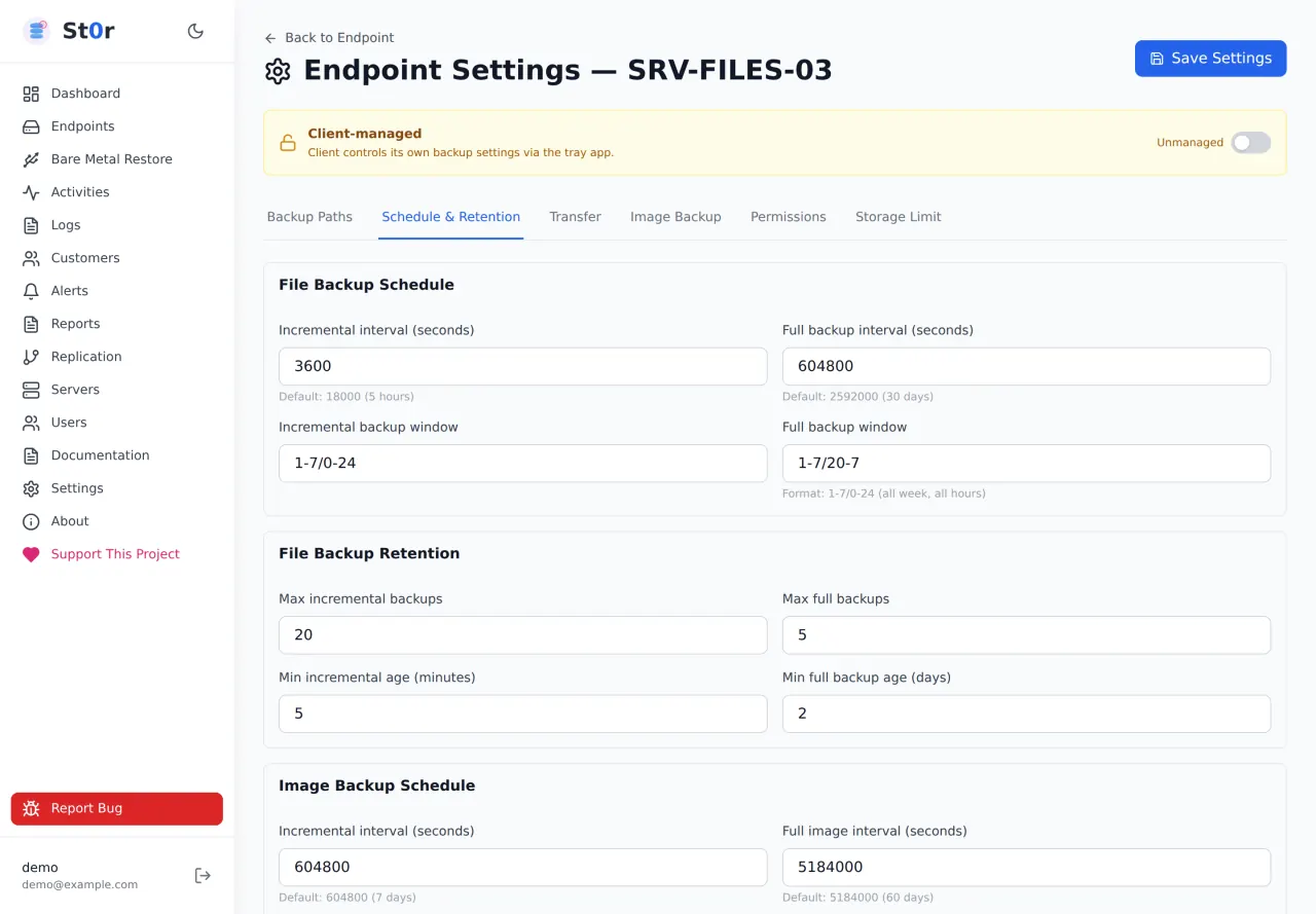 Schedule and retention for one endpoint in light theme — intervals, backup windows and retention counts, with UrBackup's default noted beside each field.