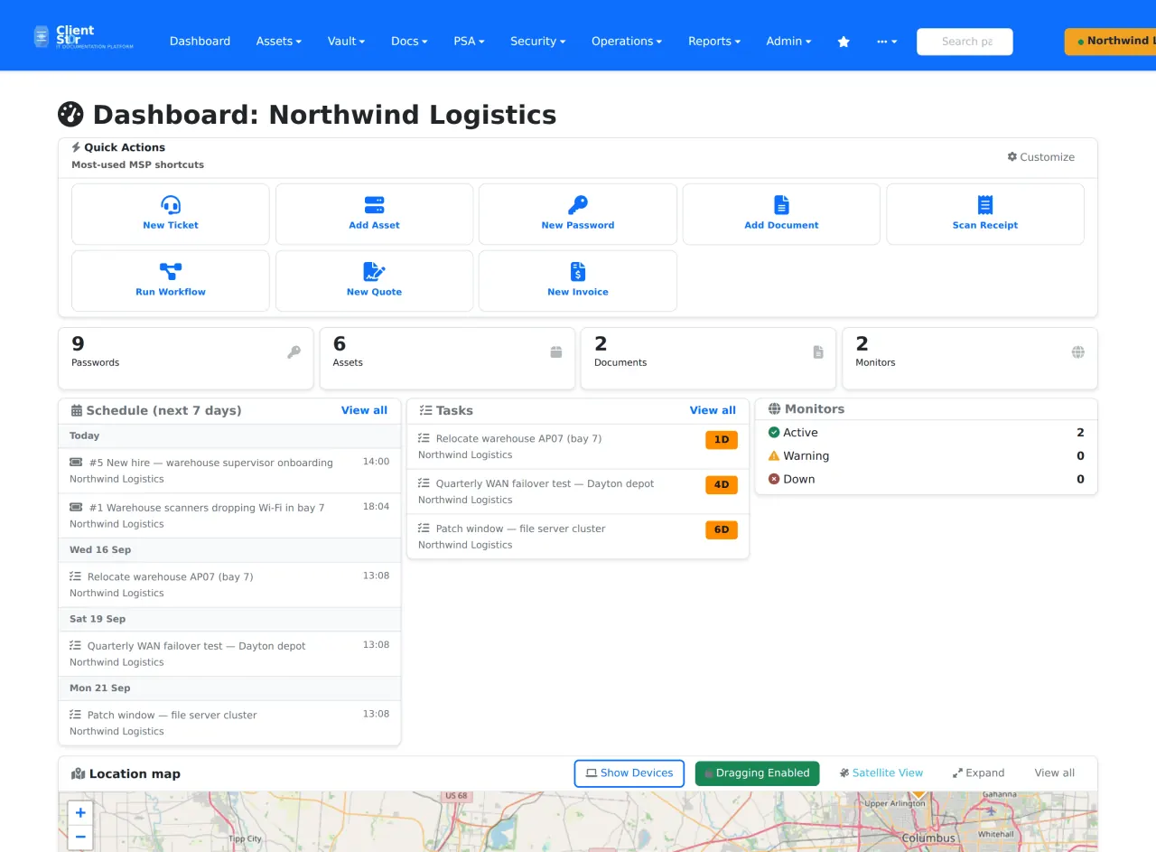 The clientst0r dashboard for one managed client: quick actions, record counts, and panels for the next seven days of scheduled work, outstanding tasks and website monitor status.