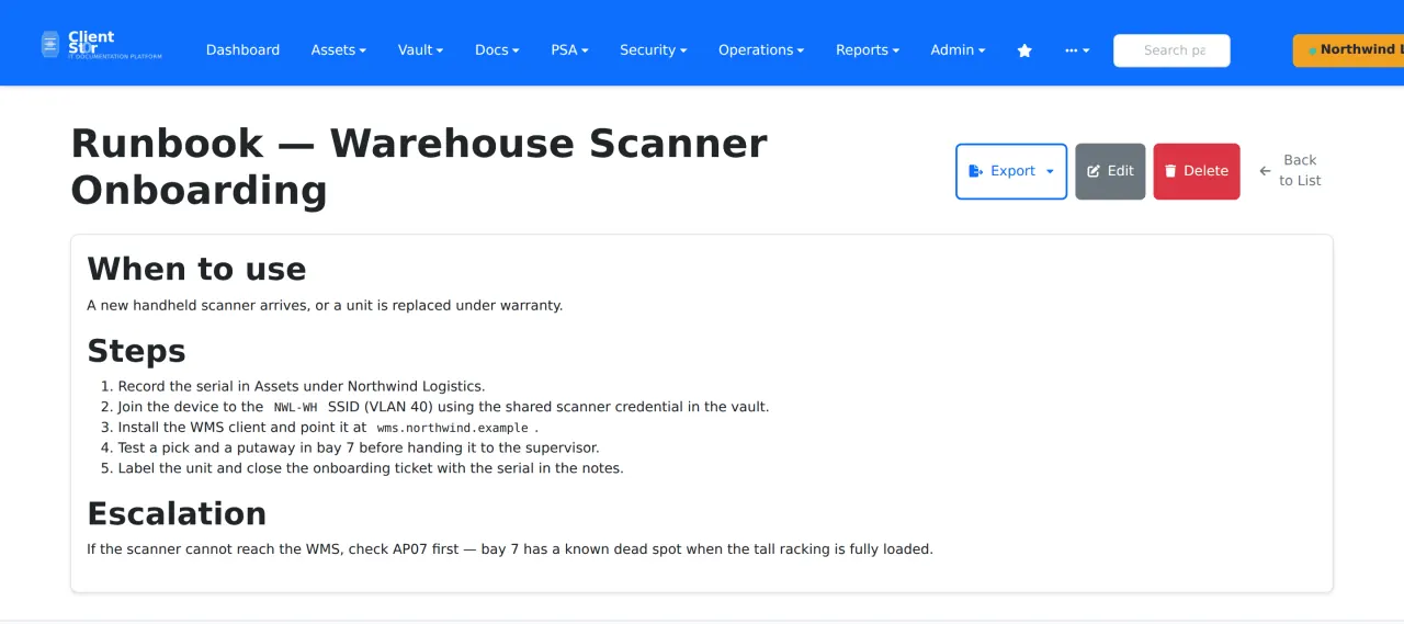 A runbook in the knowledge base, in light theme, with its procedure steps and the records it is linked to.
