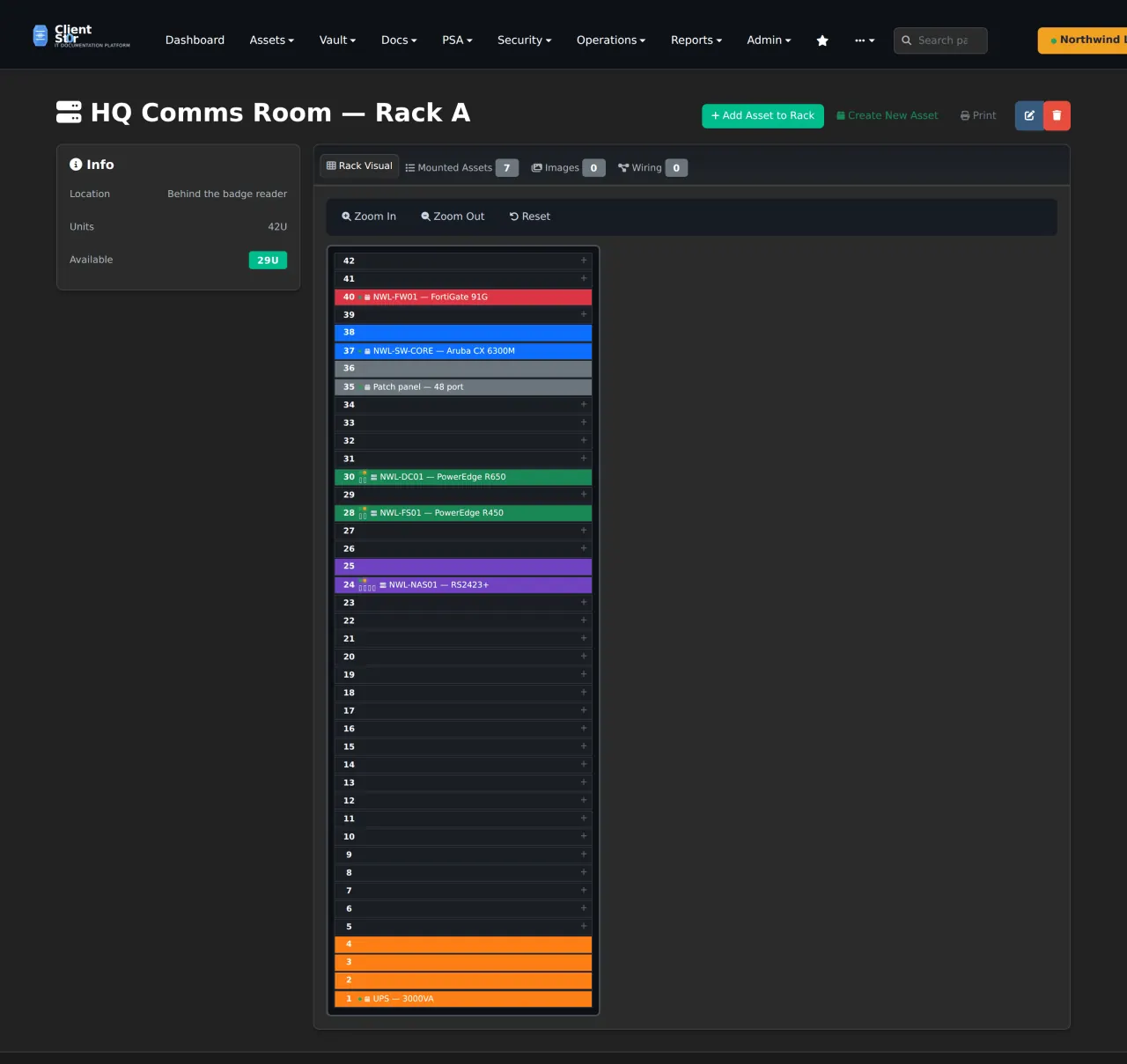 A 42U rack elevation in dark theme showing firewall, core switch, patch panel, servers, NAS and UPS at their unit positions, each linked to its asset record.