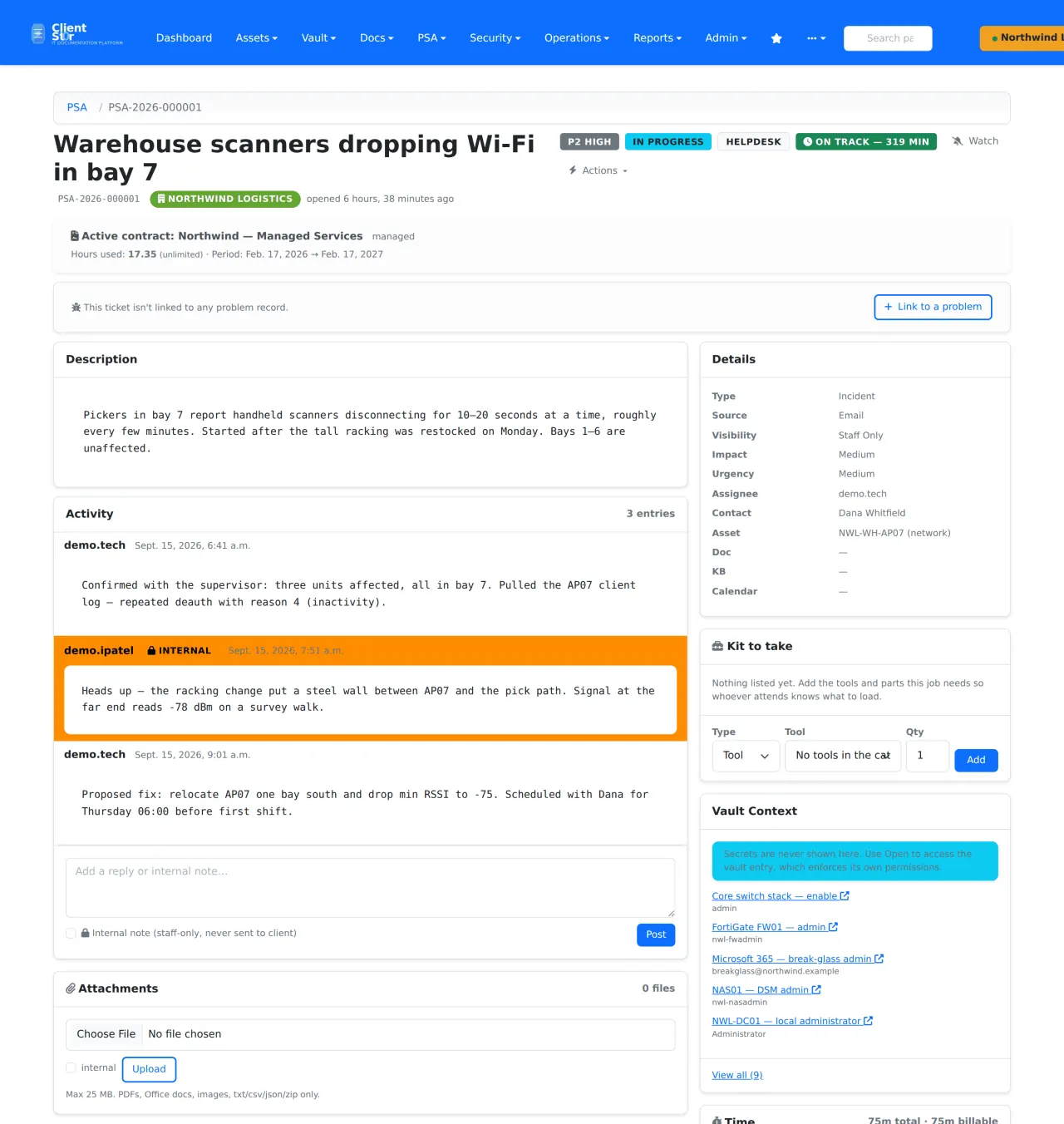 A ticket open on its detail view — the client's active contract, an SLA countdown, internal notes kept apart from client replies, the linked asset, and vault context with every secret hidden.