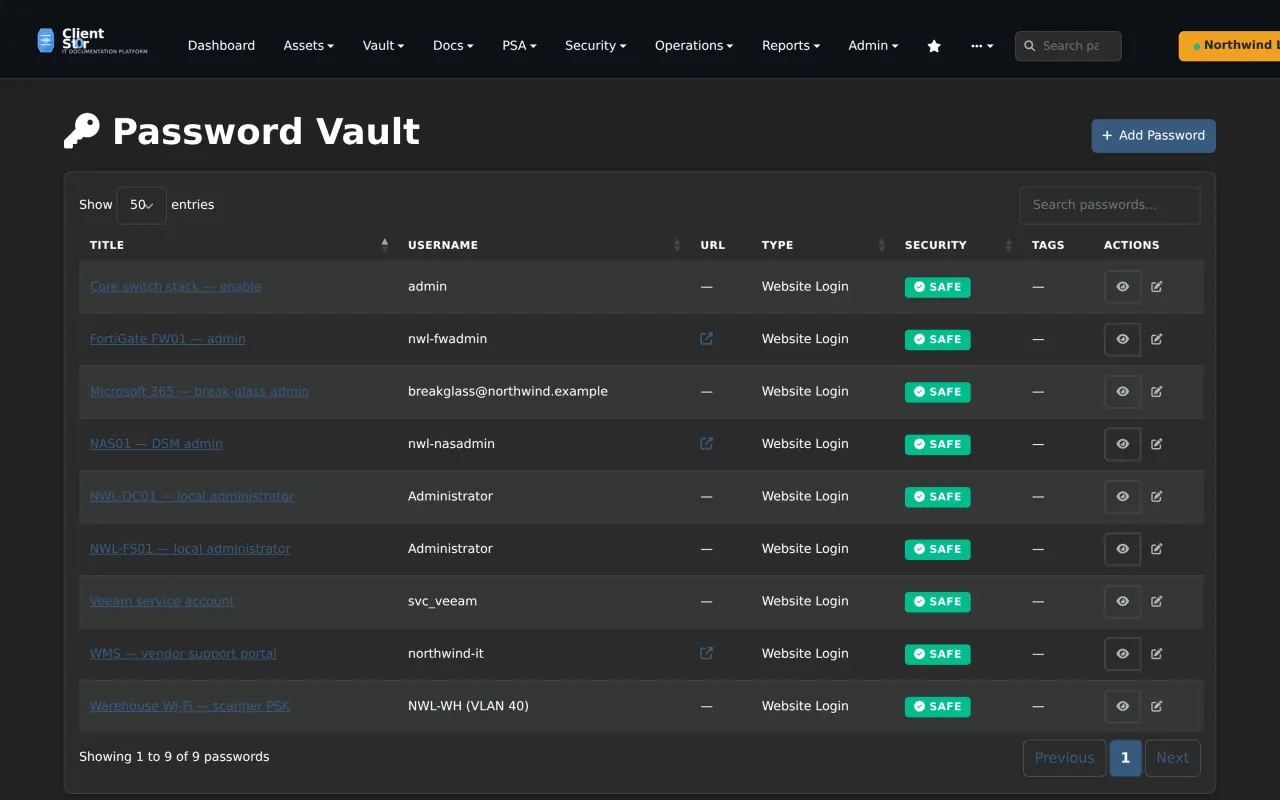 The password vault in dark theme listing nine credentials by title, username and security status. No secret is on screen.