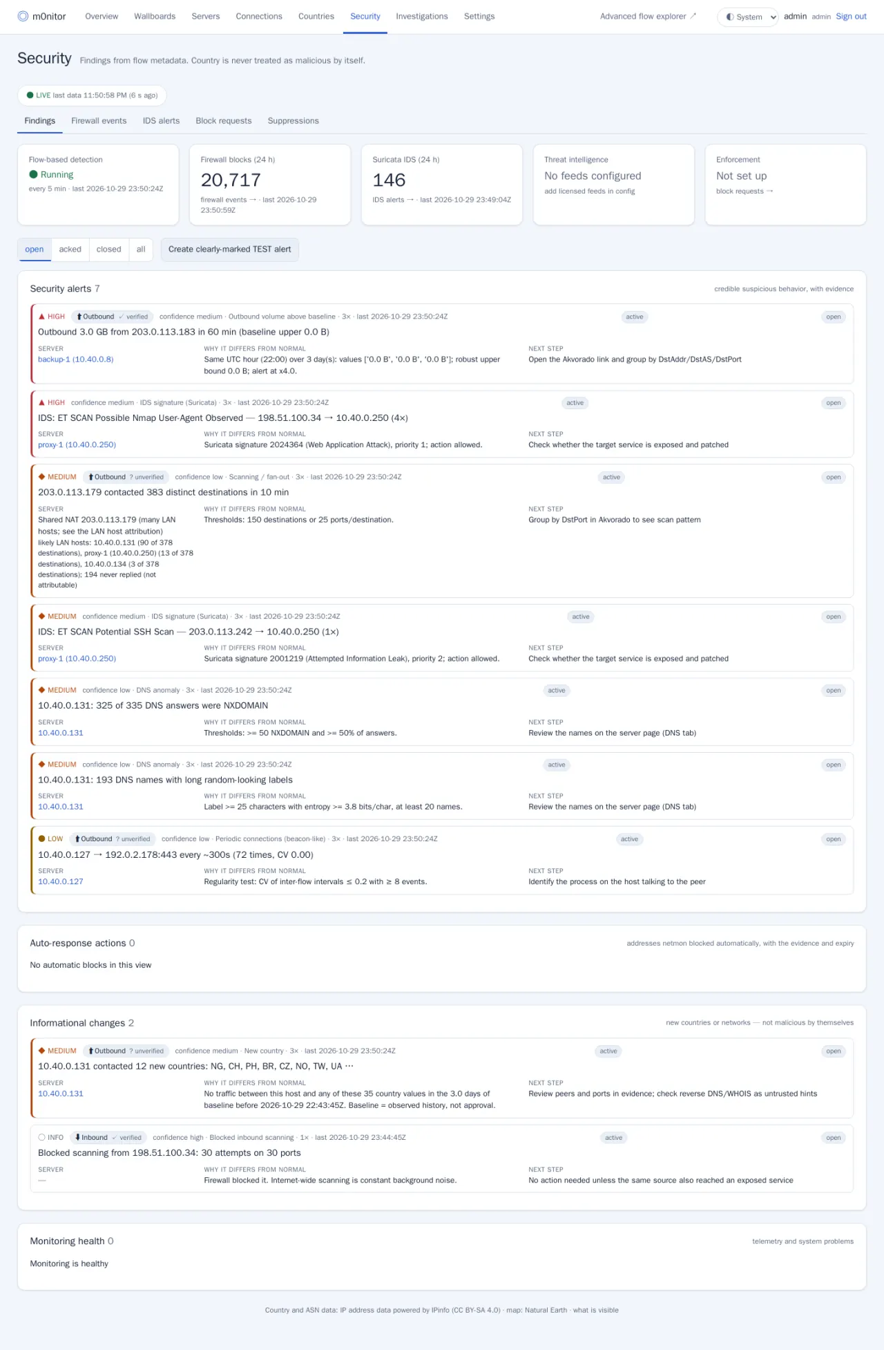 Security findings, each with the server, why it differs from normal and the next step to take.