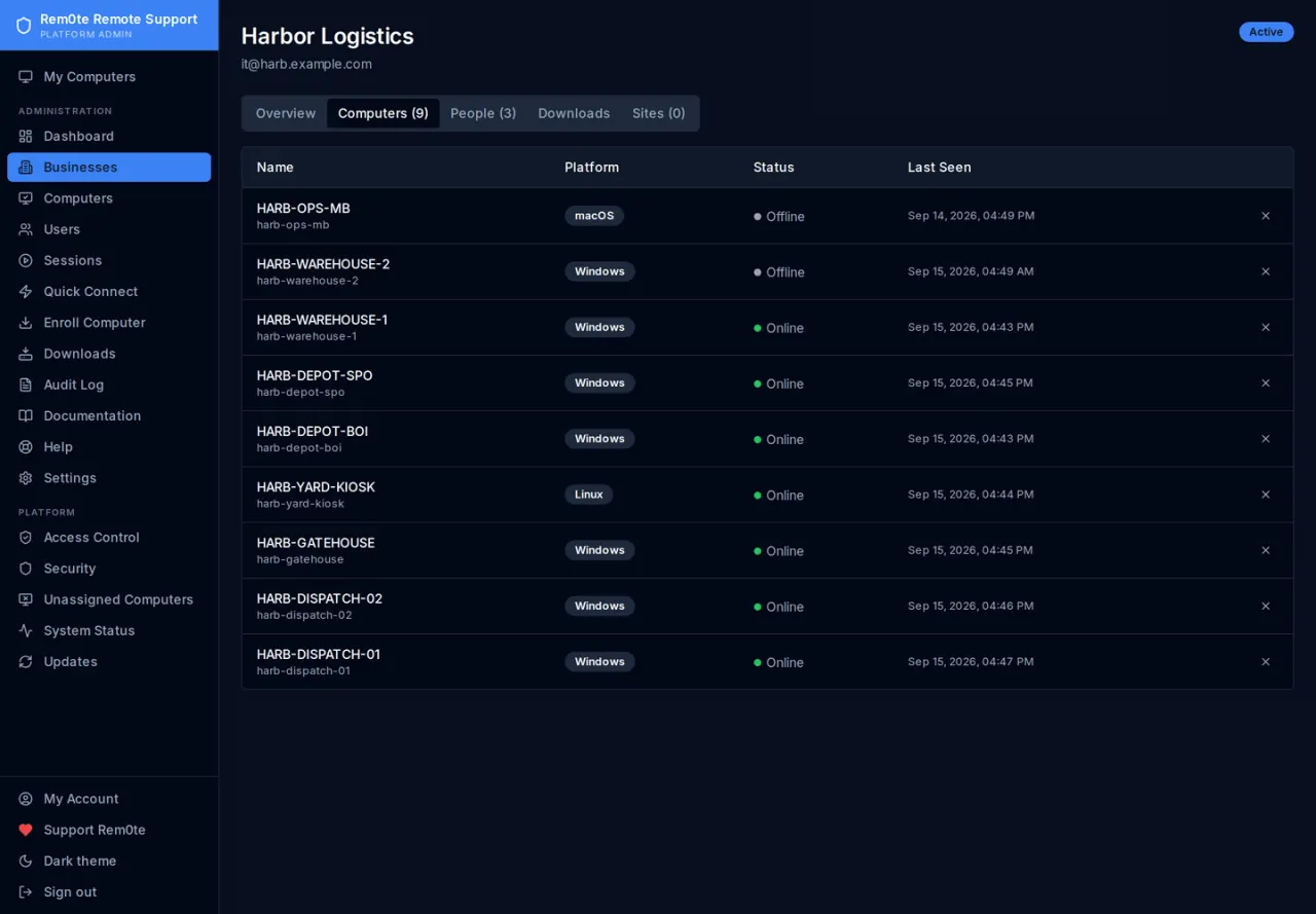 One business's computers in dark theme, with Windows, macOS and Linux badges and live online status.