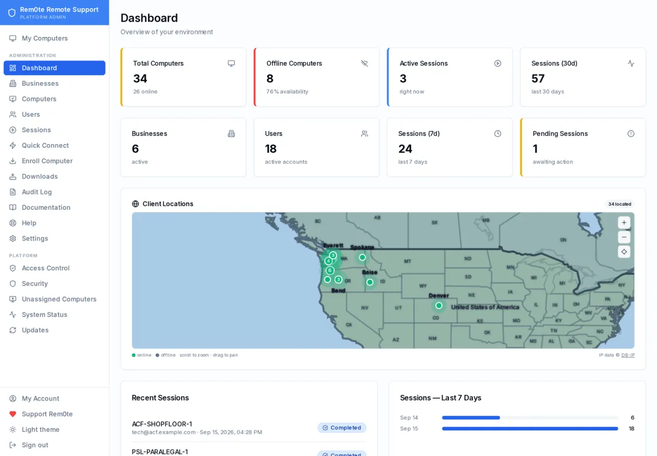 The rem0te interface: the operator dashboard, with computer and session counts and a map of client locations