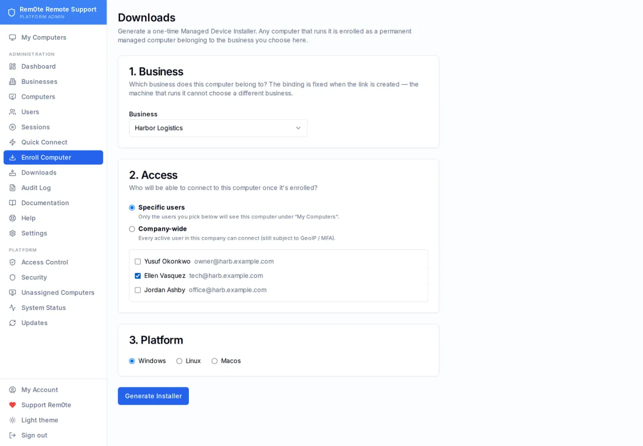 The three-step enrolment form in light theme: choose the business, choose which users may connect, choose the platform.