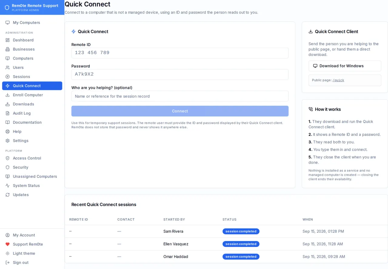 Quick Connect in light theme, with remote ID and password fields and the five-step explanation beside them.