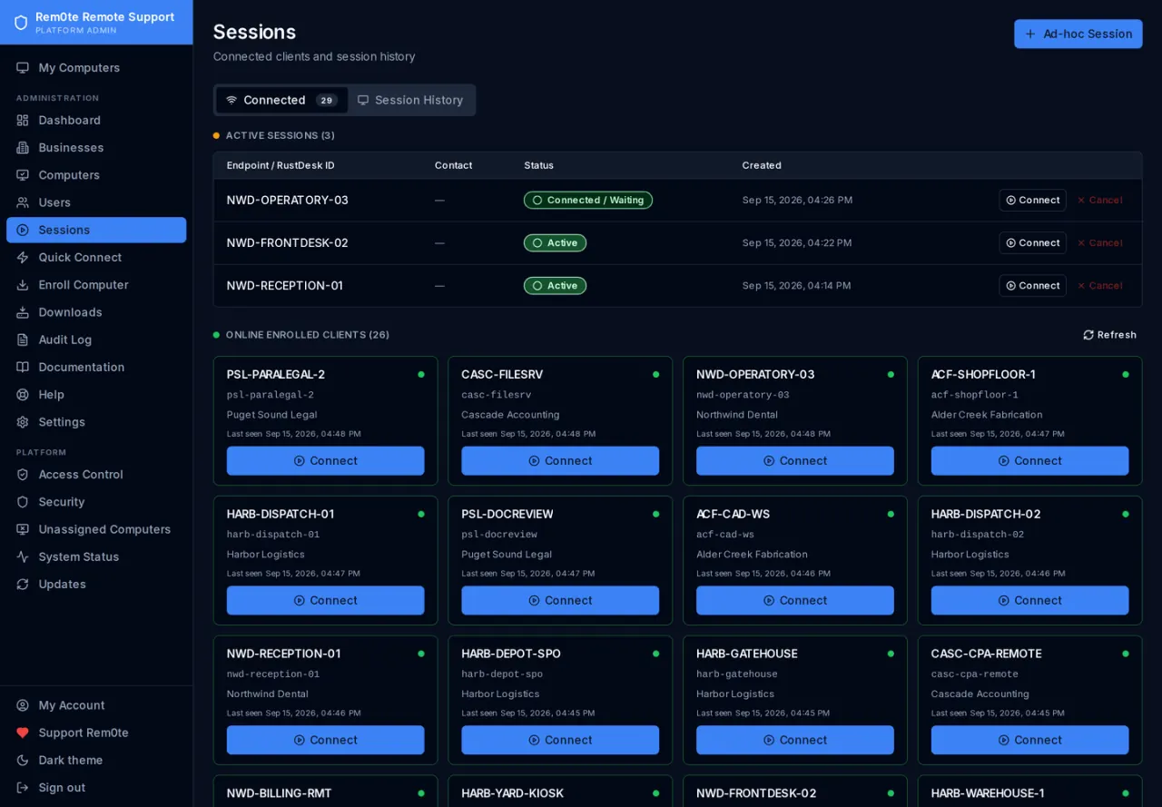 Live sessions in dark theme, showing who is connected to which machine and for how long.